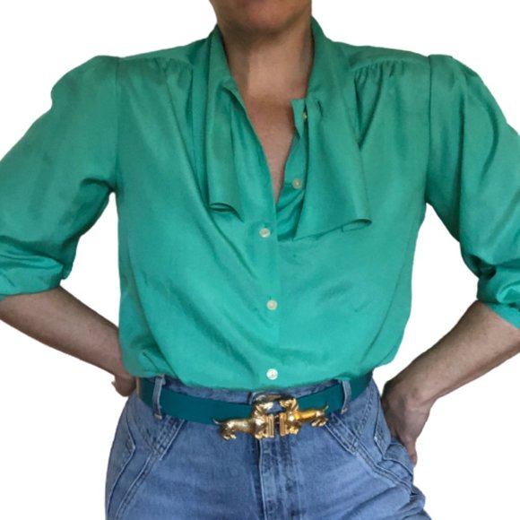 Vintage Turquoise Green PussyBow Blouse Chaus - Picture 16 of 16